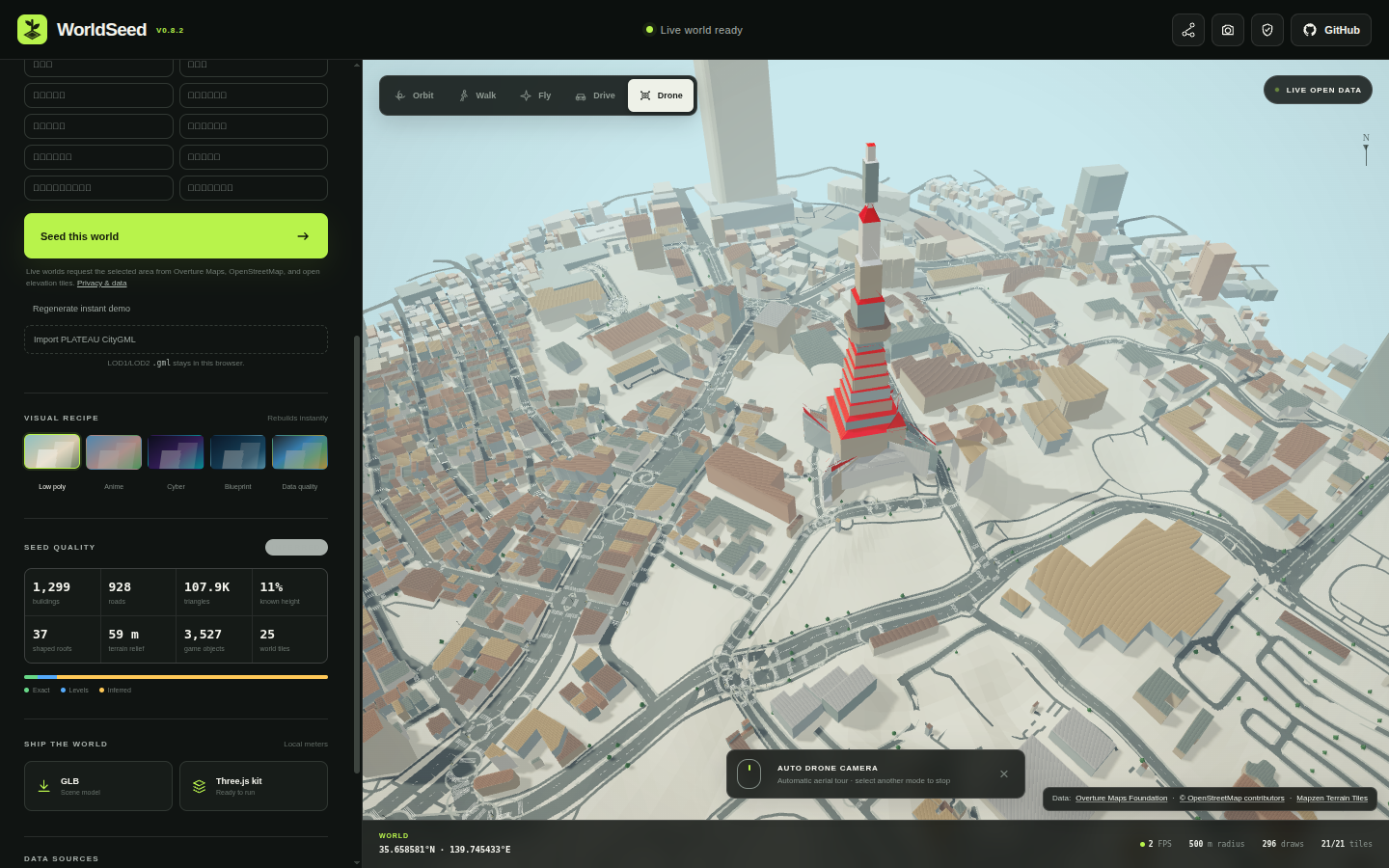 WorldSeed live Tokyo Tower world rendered from open geospatial data